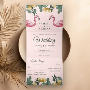 Convite Com Dobra Tripla Casamento de Casal de Flamingo Rosa Tropical Palme