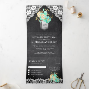 Convite Com Dobra Tripla Casamento de Chalkboard Mint Floral Mason Jar Lace