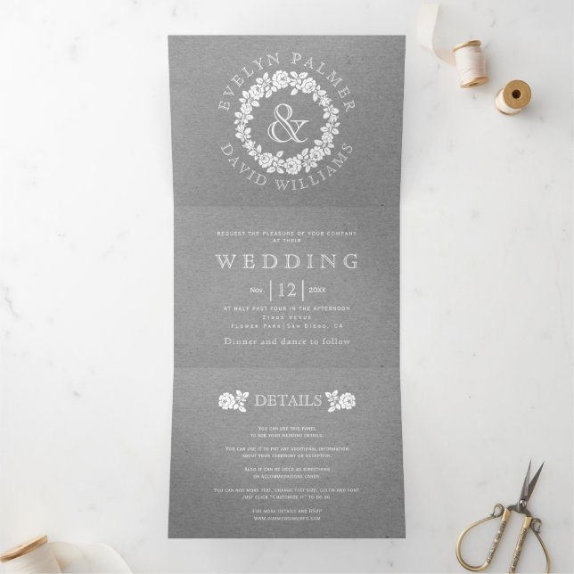 Convite Com Dobra Tripla Casamento de cinza de cartola de rosa branca Vinta (Dentro)