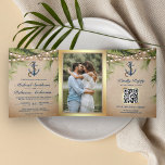 Convite Com Dobra Tripla Casamento de Código QR com Âncora de Palma Tropica<br><div class="desc">Incomode seus hóspedes com este elegante convite de casamento de tema de praia, com tipografia moderna, com um fundo de burlap, online, com placa RSVP. Basta adicionar os detalhes do seu evento neste modelo fácil de usar e enfeitar este cartão com a sua foto favorita para torná-lo um convite personalizado...</div>