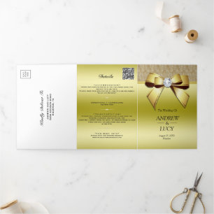 Convite Com Dobra Tripla Casamento de Código QR de Arco de Joel Gem Dourado
