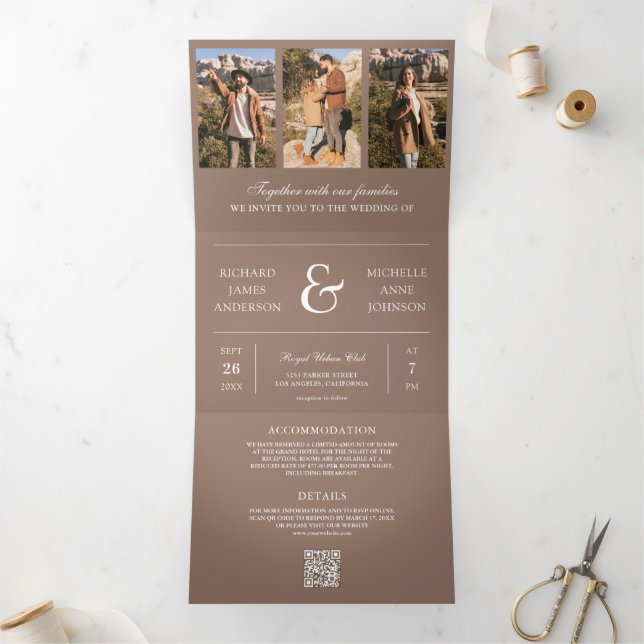 Convite Com Dobra Tripla Casamento de Código QR de Colagem de Fotos Mínimo  (Dentro)