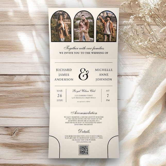 Convite Com Dobra Tripla Casamento de código QR de foto de arquitetura mini (Criador carregado)