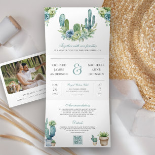 Convite Com Dobra Tripla Casamento de Código QR de Foto de Cactus Verde Suc