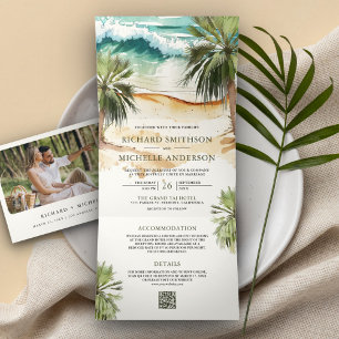 Convite Com Dobra Tripla Casamento de Código QR de Palm Beach Tropical Wate