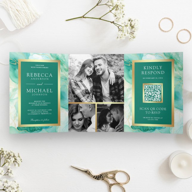 Convite Com Dobra Tripla Casamento de Código QR de Tinta de Fluido Dourada  (Criador carregado)