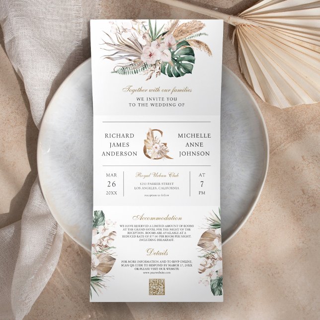 Convite Com Dobra Tripla Casamento de Código QR do Boho Pampas Monstera Tro (Criador carregado)