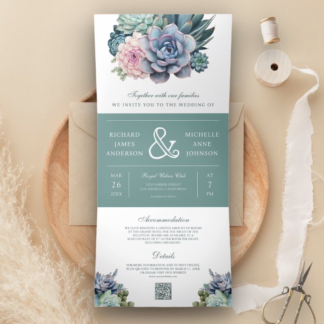 Convite Com Dobra Tripla Casamento de Código QR do Pastel Succulent Ampersa (Criador carregado)