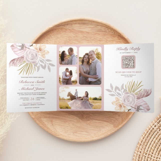 Convite Com Dobra Tripla Casamento de Código QR Floral Rustic Dusty Rosa Ro (Criador carregado)