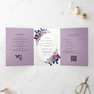 Convite Com Dobra Tripla Casamento de Código QR Moderno Floral de Watercolo