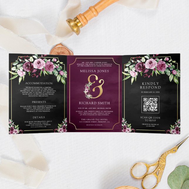 Convite Com Dobra Tripla Casamento de Código QR Preto com Ampersand Floral  (Criador carregado)