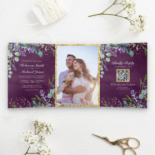 Convite Com Dobra Tripla Casamento de Código QR Purple lavanda e Eucalyptus