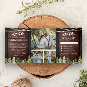 Convite Com Dobra Tripla Casamento de Colagem de Fotos da Floresta de Monta