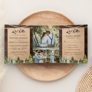 Convite Com Dobra Tripla Casamento de Colagem de Fotos da Floresta Montanho