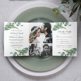Convite Com Dobra Tripla Casamento de Colagem de Fotos de Folhas Rústicas d
