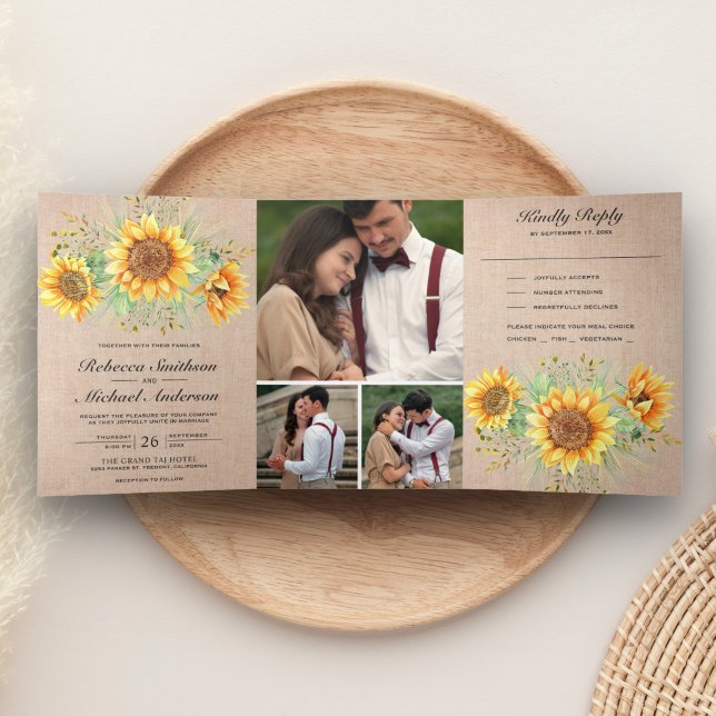 Convite Com Dobra Tripla Casamento de Colagem de Fotos de Girassóis em Saca (Criador carregado)
