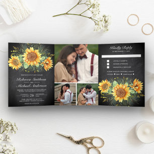 Convite Com Dobra Tripla Casamento de Colagem de Fotos de Girassóis Rústico