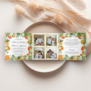 Convite Com Dobra Tripla Casamento de Colagem de Fotos de Laranja Cítrica T