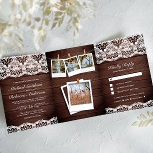Convite Com Dobra Tripla Casamento de Colagem de Fotos de Renda de Madeira
