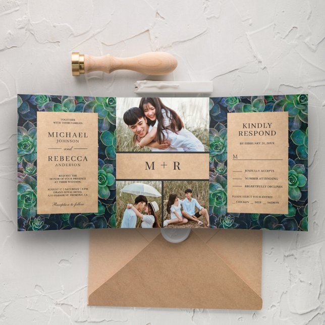 Convite Com Dobra Tripla Casamento de Colagem de Fotos de Suculentas Rustic (Criador carregado)