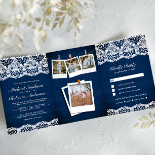 Convite Com Dobra Tripla Casamento de Colagem de Fotos em Renda de Madeira