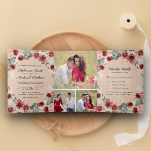 Convite Com Dobra Tripla Casamento de Colagem de Fotos Florais Marsala em S