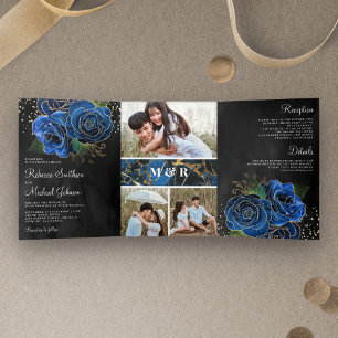 Convite Com Dobra Tripla Casamento de Colagem de Fotos Florais Royal Azul O