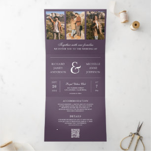 Convite Com Dobra Tripla Casamento de Colagem de Fotos Minimalista em Roxo