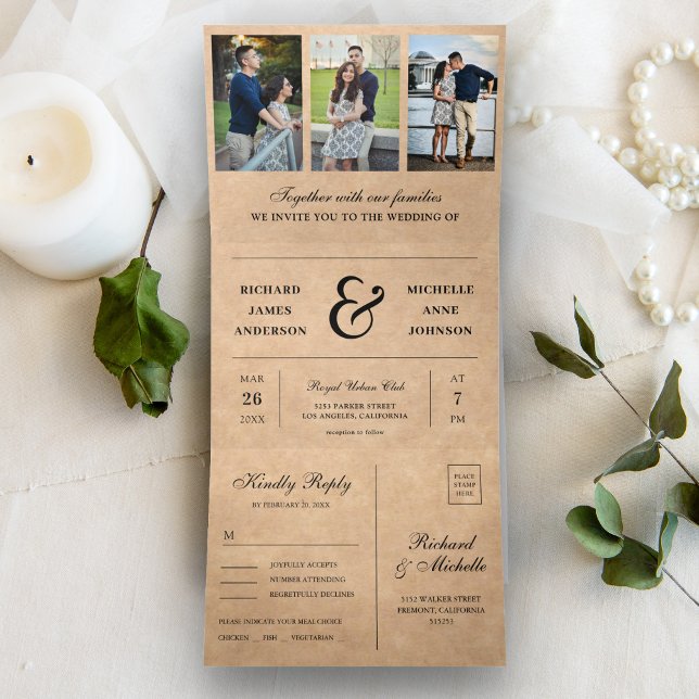 Convite Com Dobra Tripla Casamento de Colagem de Fotos Rústico Kraft Minima (Criador carregado)