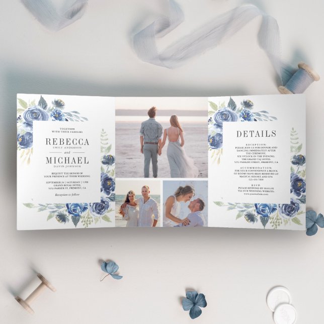 Convite Com Dobra Tripla Casamento de Colagem Floral Azul Rustic Dusty (Criador carregado)