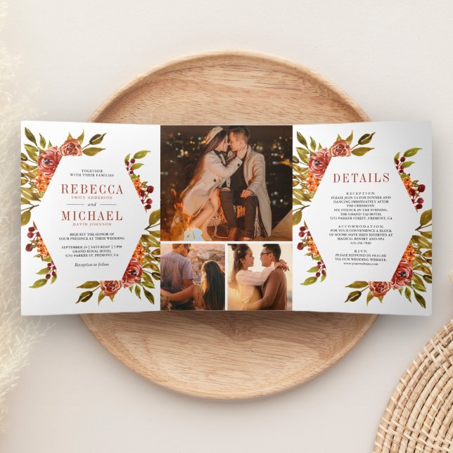 Convite Com Dobra Tripla Casamento de Colagem Floral Laranja Rustic Burnt O (Criador carregado)