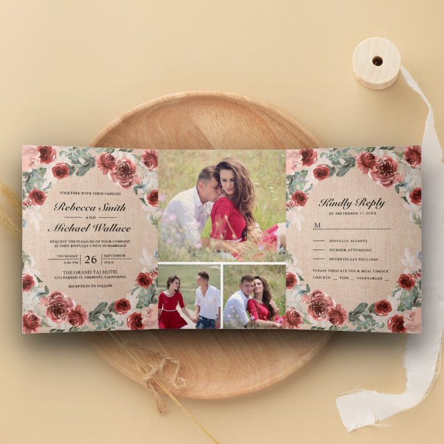 Convite Com Dobra Tripla Casamento de Colagem Floral Rustic Burlap Marsala (Criador carregado)