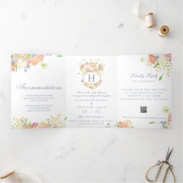 Convite Com Dobra Tripla Casamento de Crest do Festa Floral de Watercolor