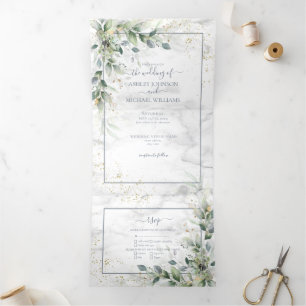 Convite Com Dobra Tripla Casamento de Dusty Eucalyptus Botanical Dourado
