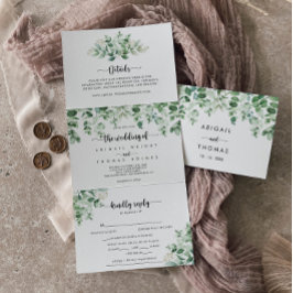 Convite Com Dobra Tripla Casamento de Eucalipto Verde e Caligrafia Minimali