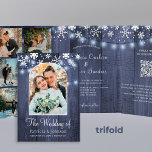 Convite Com Dobra Tripla Casamento de flocos de neve da Terra maravilhosa d<br><div class="desc">Chic rustic Winter maravilderland na moda orçamento para casamento tudo em uma tripla foto, convite para colagem, modelo com digitalização do CÓDIGO QR para RSVP online e detalhes sobre madeira azul-celeiro de marinho escuro da meia-noite apresentando uma borda de flocos de neve e cordas de luzes cintilantes. O convite é...</div>