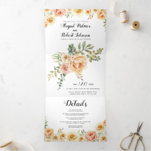 Convite Com Dobra Tripla Casamento de flores de cor de pêssego e de coral