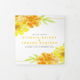 Convite Com Dobra Tripla Casamento de flores douradas