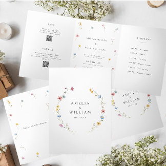 Convite Com Dobra Tripla Casamento de Flores Silvestres Trifold | Cronogram