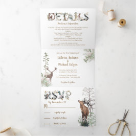 Convite Com Dobra Tripla Casamento de Floresta de Aquarela em Woodland