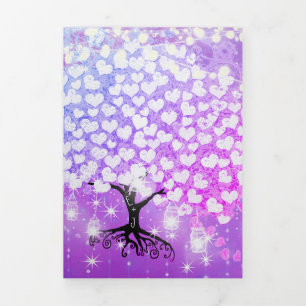 Convite Com Dobra Tripla Casamento De Folha De Coração Rosa Púrpura Elegant