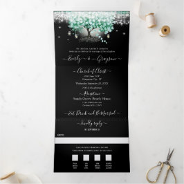 Convite Com Dobra Tripla Casamento de Folha de Coração Verde Elegante