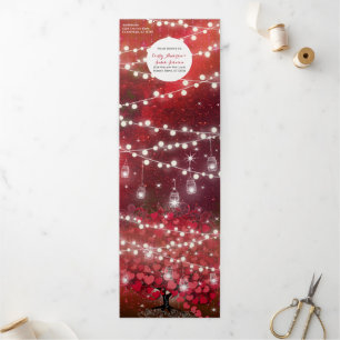 Convite Com Dobra Tripla Casamento de Folha do Coração Vermelho e Negro Ele