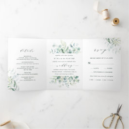 Convite Com Dobra Tripla Casamento de Folhagem Verde Elegante Calliografia