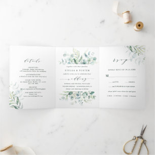 Convite Com Dobra Tripla Casamento de Folhagem Verde Elegante Calliografia