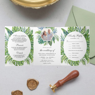 Convite Com Dobra Tripla Casamento de Folhas de Palmeira Monstera Tropical 