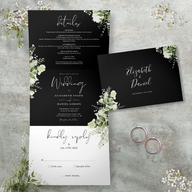 Convite Com Dobra Tripla Casamento de Foto Botânica em Preto e Branco (Black And White Botanical Greenery Photo Wedding Tri-Fold Invitation)