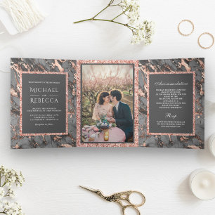 Convite Com Dobra Tripla Casamento de Foto com Brilho em Rosa Dourado e Már