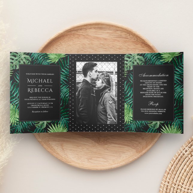 Convite Com Dobra Tripla Casamento de Foto com Folhagem Verde e Cinza Escur (Criador carregado)