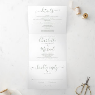 Convite Com Dobra Tripla Casamento de Foto com Letra Moderna em Verde Sage